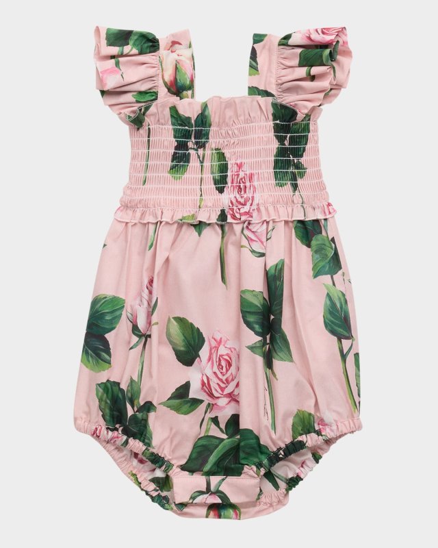 Girl's Rose-Print Smocked Bubble Romper, Size 3